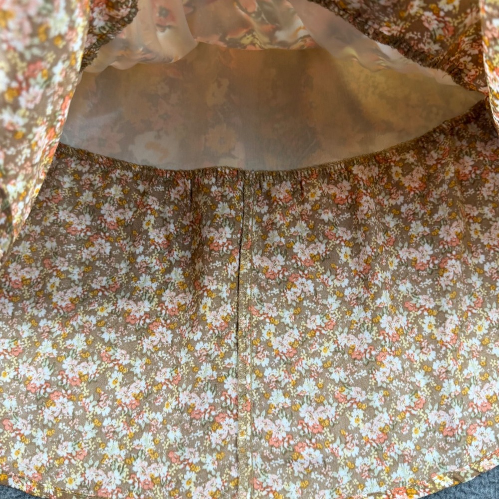 Sienna Sky Ruffle Mini Skirt Women's L Brown Floral Smocked Tiered 02CS258 - Picture 6 of 7